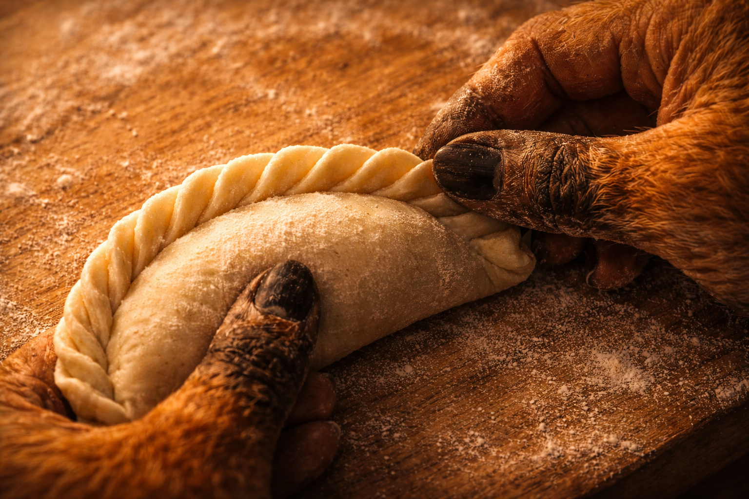 Fox paws crimping a varenyky — the fold pattern is each family's identifying signature